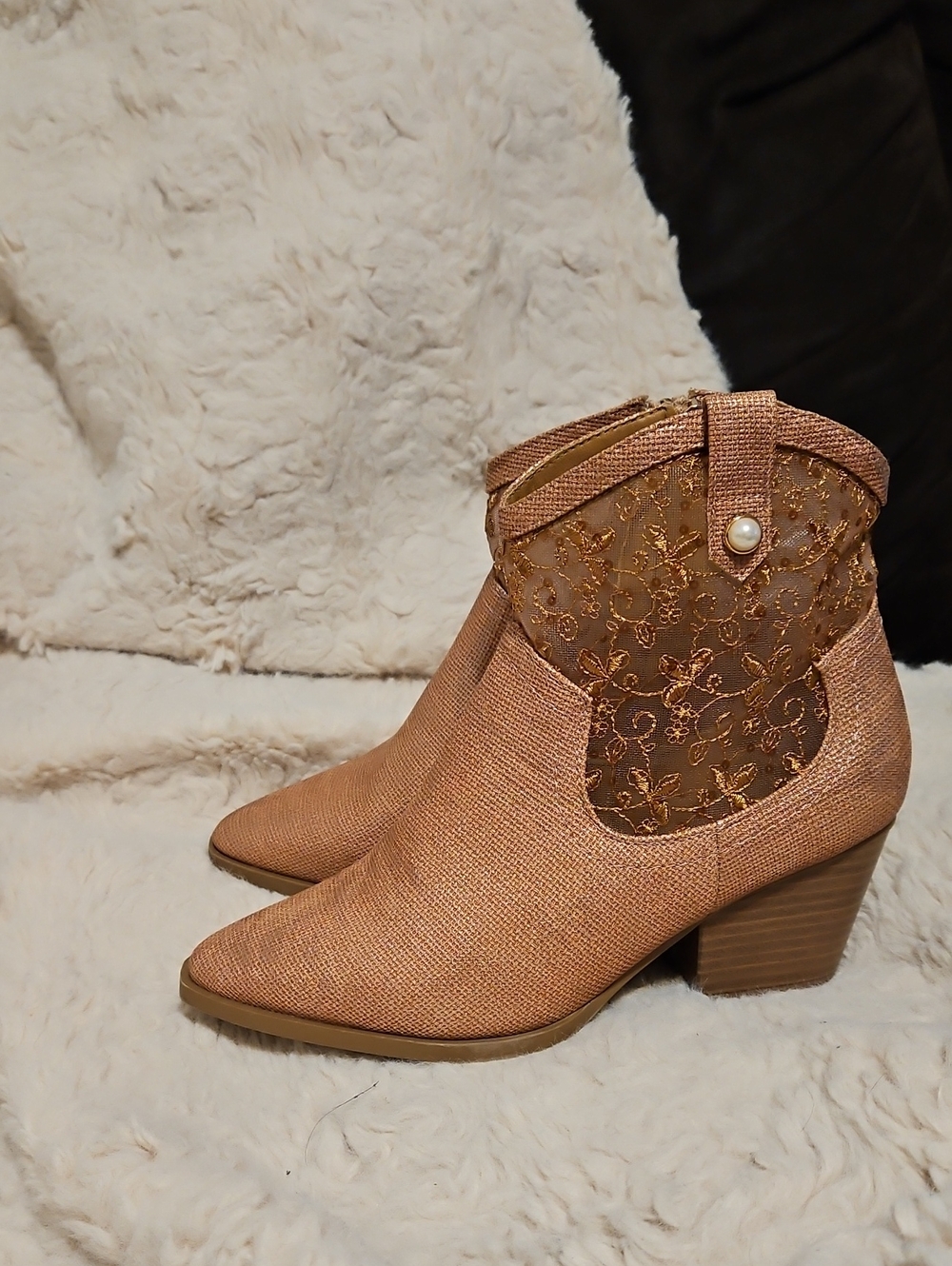 Women's Rose Gold Textured Ankle Booties with Embroidered Cutout